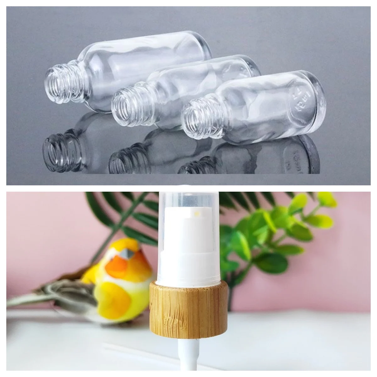 

10ml Clear Glass Bottle with Bamboo Lotion Pump Aluminium Inner with Engraving Makeup Cosmetic Packaging Containers
