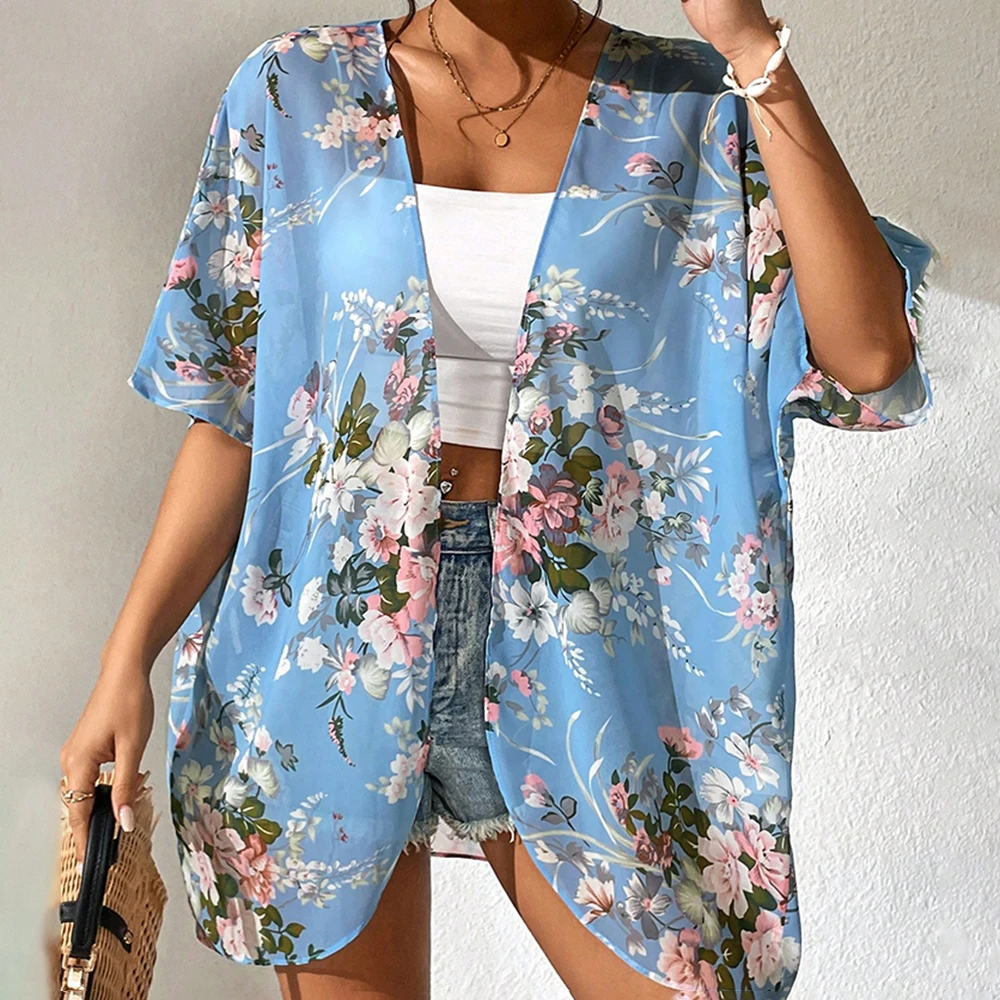 Floral Print Batwing Sleeve Chiffon Kimono Swimsuit Woman Beach Wear Cover Up Luxury Women's Social Blouse Fashion Tops swimsuit cover up swimsuit coverup