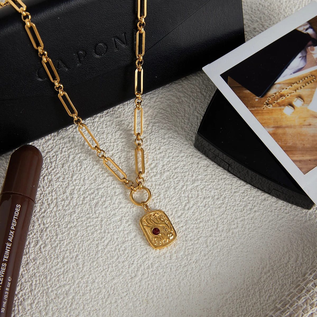 18K Gold Plated Link Chain Necklace With Crystal & Baroque Pendant Tarnish Free