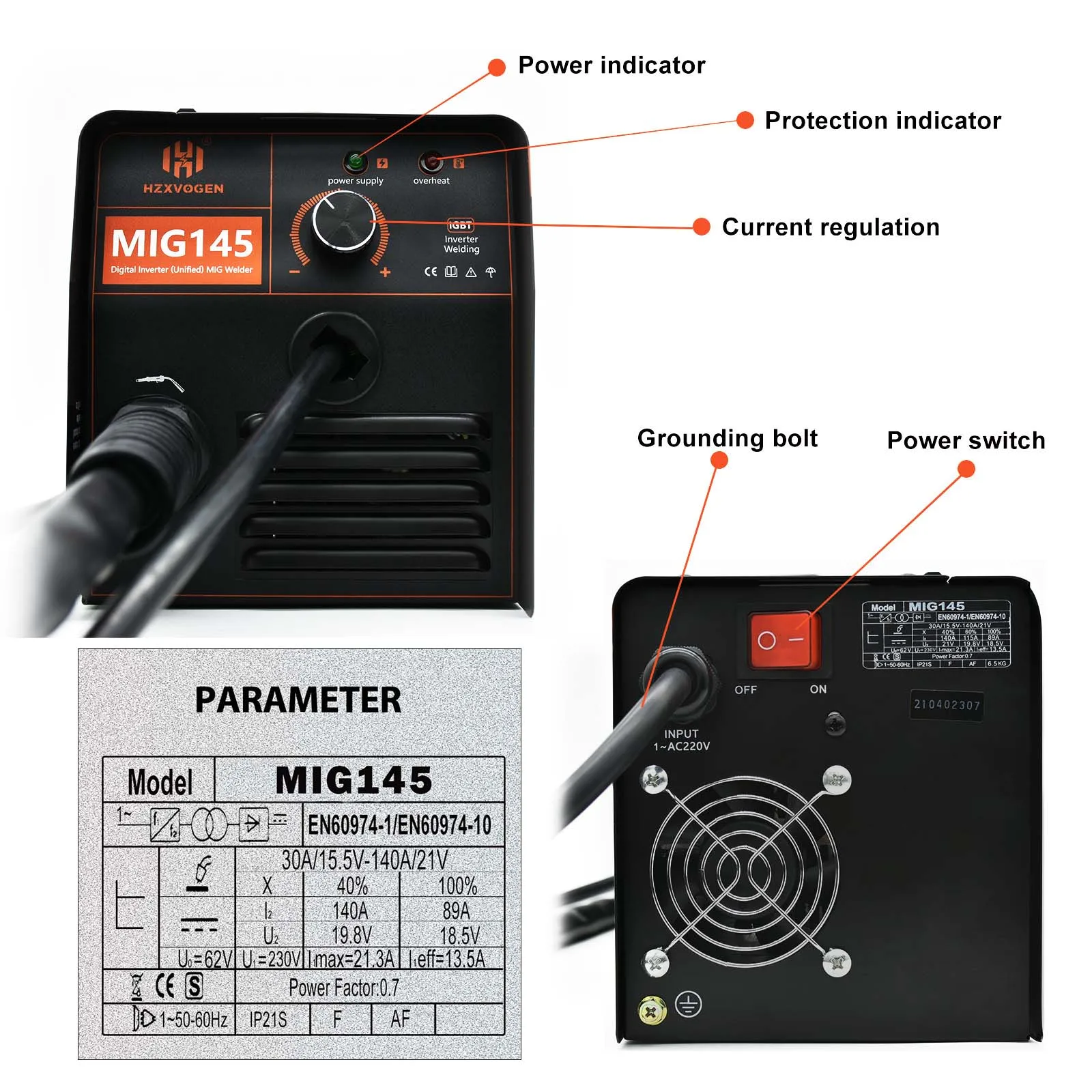 HZXVOGEN MIG145 Non Gas Semi-automatic Welding Machine 110V/220V Inverter IGBT For Gas Free Home Portable MIG welder welding welders