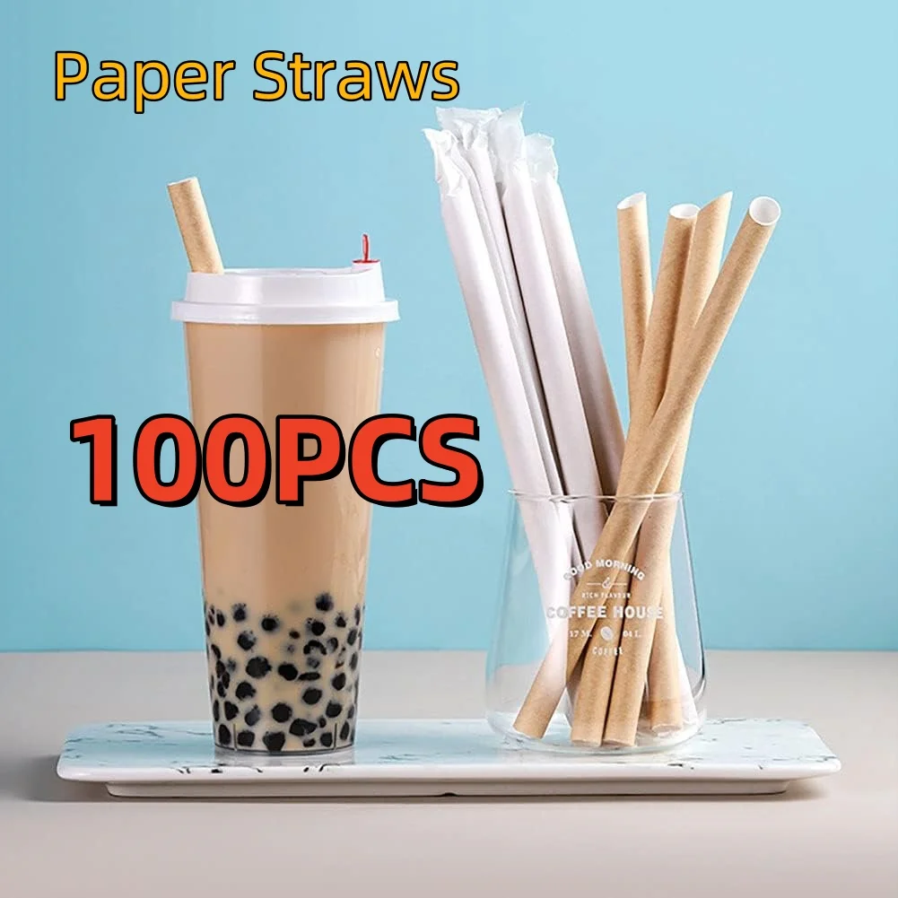 [100pcs] 12mm*230mm Pointed Paper Boba Straws, Individually Wrapped, 4-layer Heavy Duty, Biodegradable Jumbo Smoothie Straws