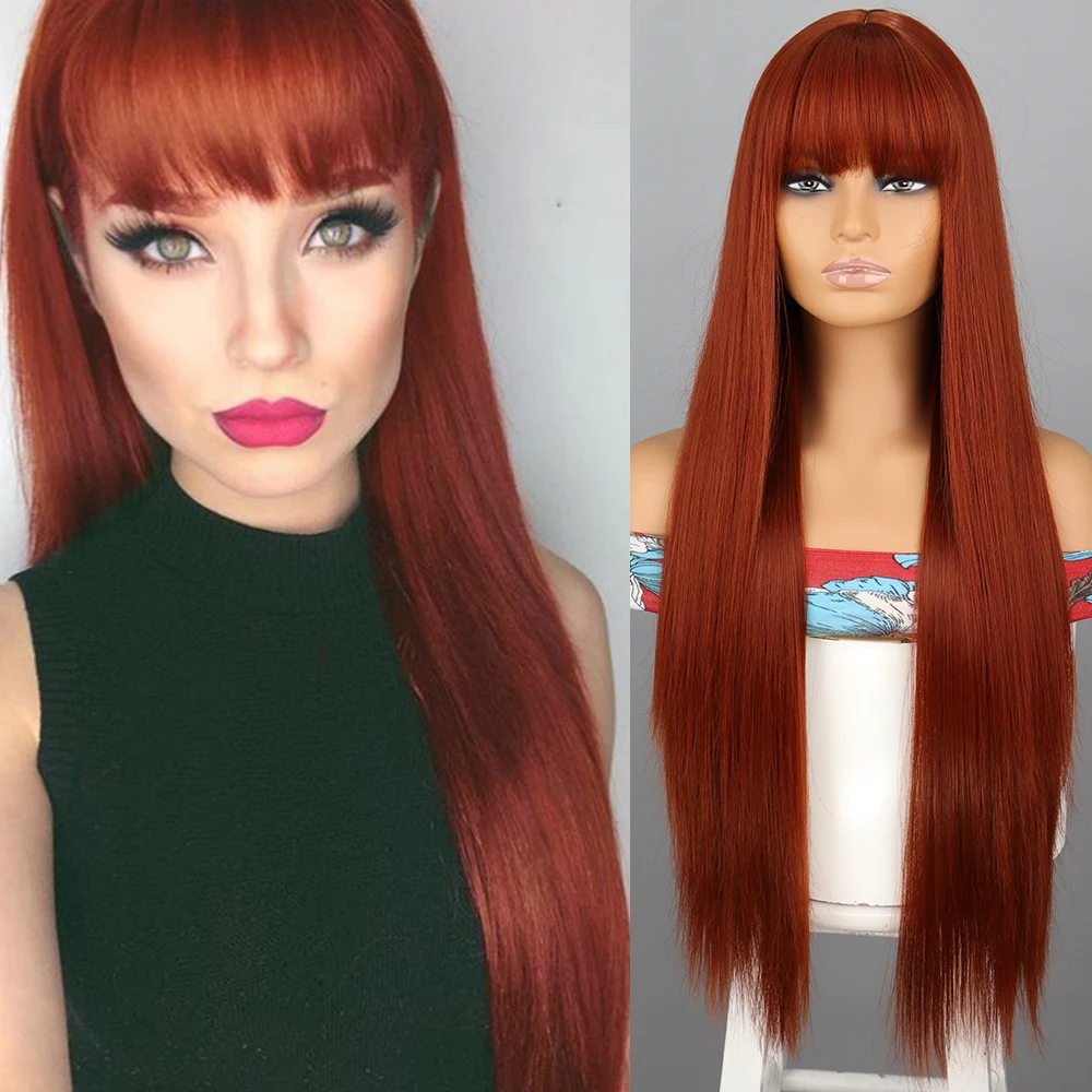 WERD Long Russet Synthetic Wig With bangs Straight Wig For Women Blonde Brown Wig Cosplay Wig