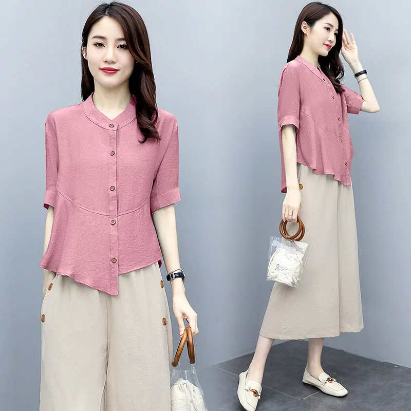 new Pink Linen Trouser Suits Women Loose Short Sleeve Single Breasted Long Shirts Casual Wide Leg Pants Set Woman 2 Pieces