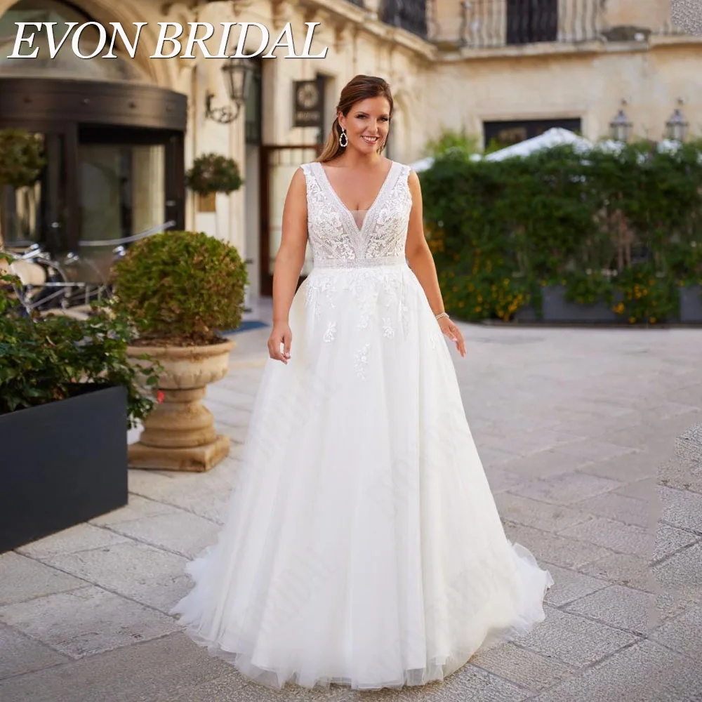 

EVON BRIDAL Boho Plus Size Sleeveless Wedding Dress V-Neck Applique A-Line Lace Bride Gowns Vestidos De Novia Custom Made