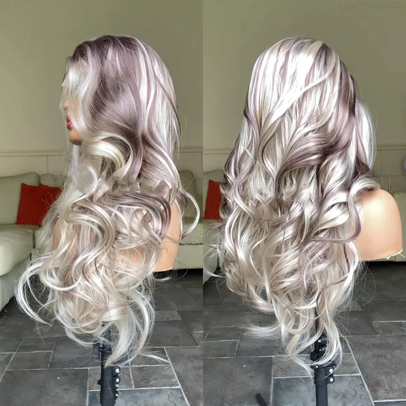 Human Synthetic Blend Wig 13x4 Lace Front Wig Browns White Blonde Highlights Gorgeous Long Hair Curly Layered Long Blonde