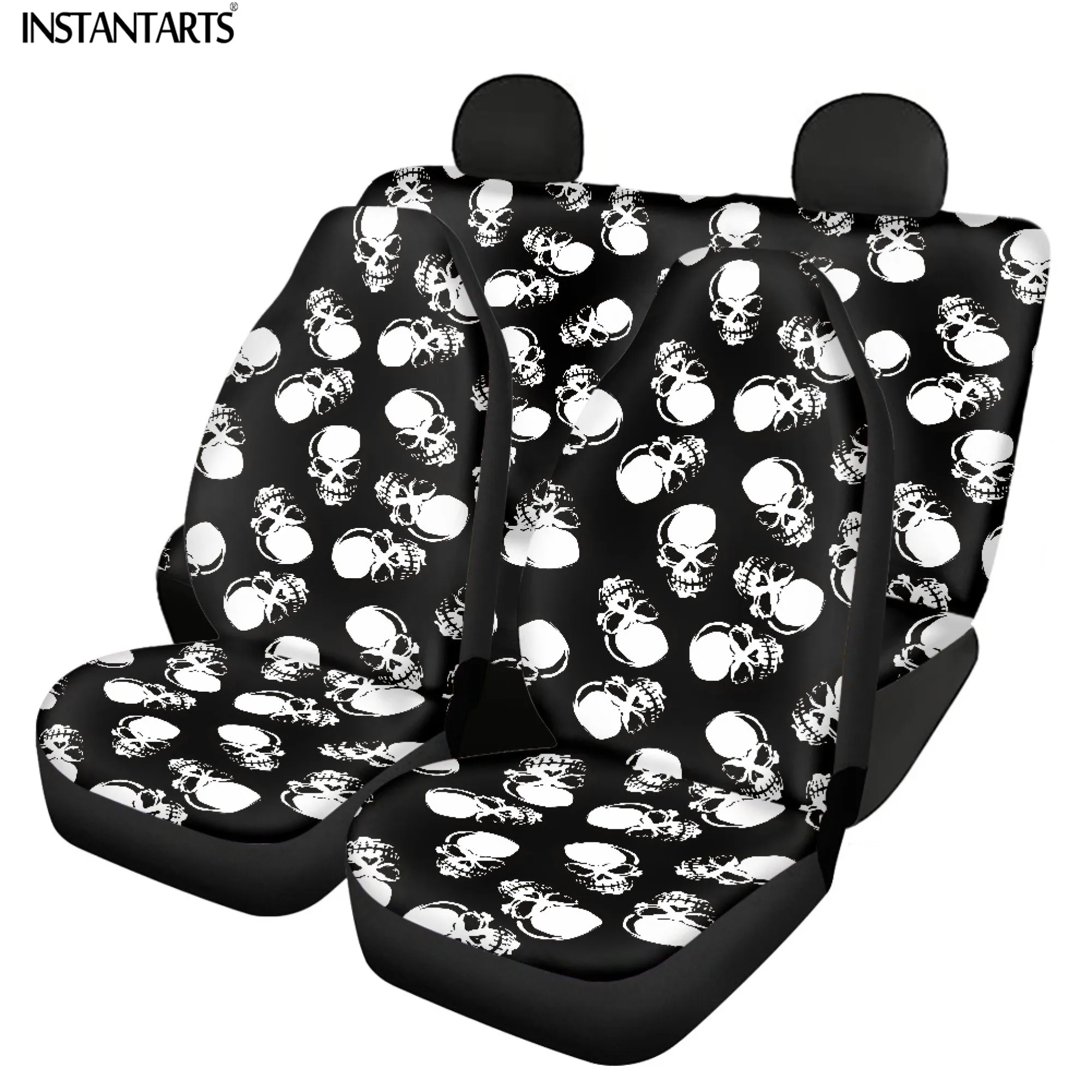 

INSTANTARTS Automobile Seat Covers 4 Packs Cool Skull Pattern Stain Resistant Easy to Clean Black Car Personality Decorative Mat