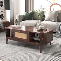 Anajqaqia Table basse avec tiroirs en rotin et portes coulissantes, table basse en rotin de style campagnard, table de canapé pour salon, bureau 4