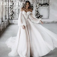 Customized Off The Shoulder Wedding Dress A Line 3/4 Puff Sleeve For Women 2022 Bride Bow Back Robe De Soirée De Mariage Custom 1