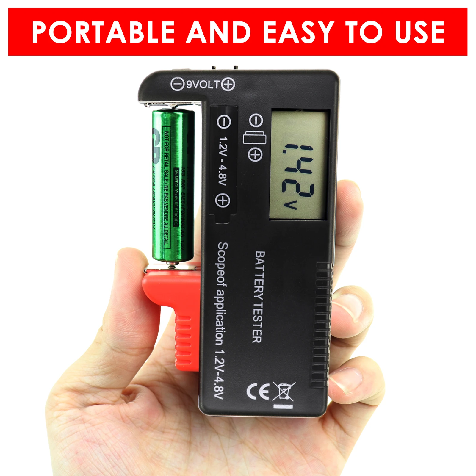 Smart Digital Battery Tester Checker for AA, AAA, C, D, 9V, 1.5V Button Cell Batteries Universal Battery Life Detector