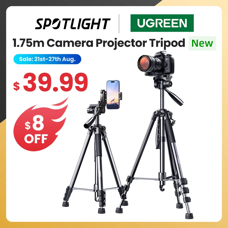  UGREEN 1.75M Camera Tripod For DSLR Camera Projector Smartphone Portable Aluminum Travel Tripod With 360° Panorama Ball Head 