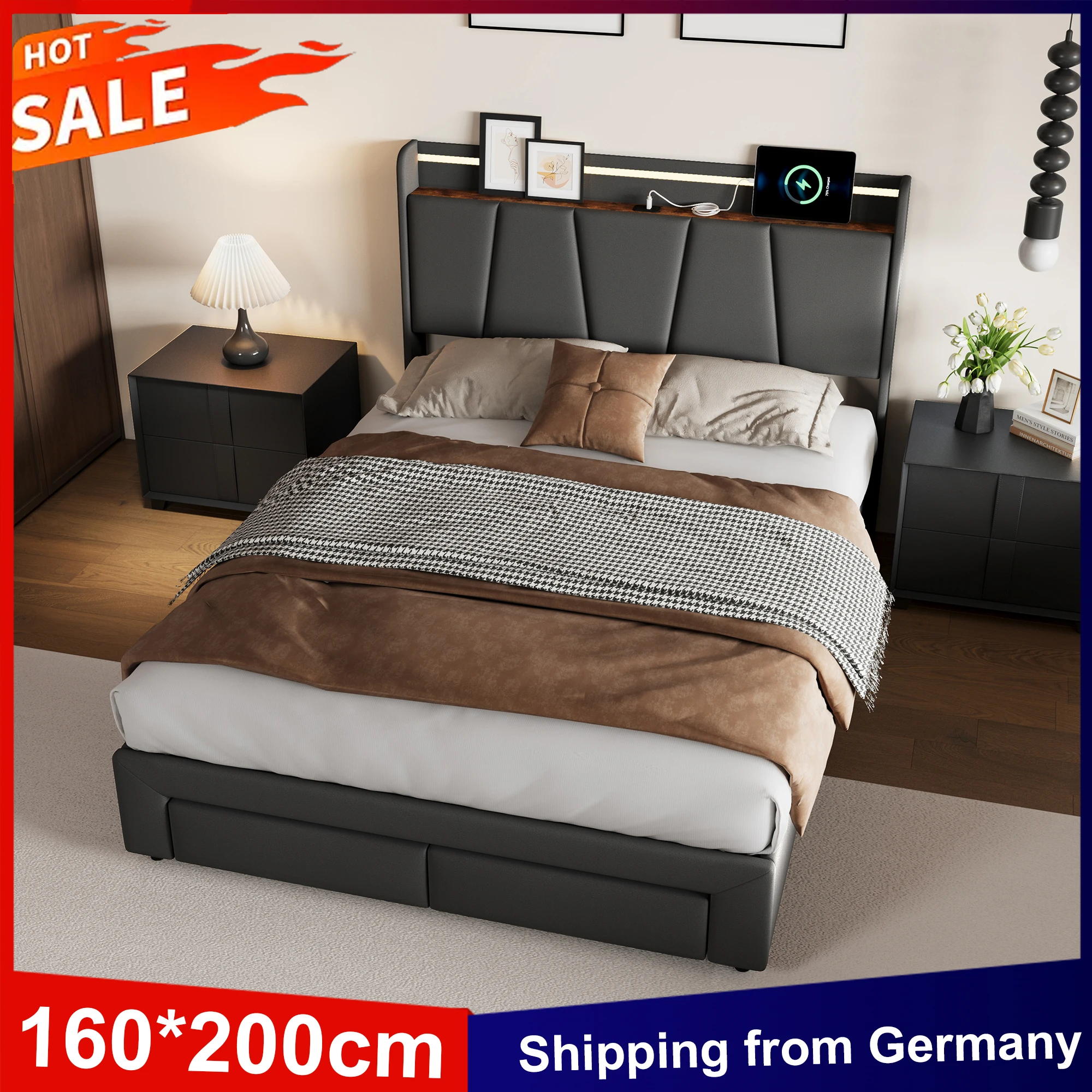 Anajqaqia 140/160 x 200 cm gepolstertes Bett mit 2 Schubladen, Doppelbett, Kopfteil mit Stauraum und LED-Licht, Bettrahmen, Leinen, Dunkelgrau – Detail 3