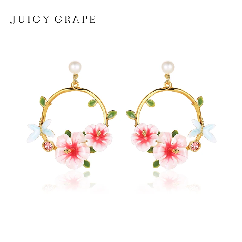 Juicy Grape Pearl Stud Earrings Hibiscus Floral Hoop Ear Clips