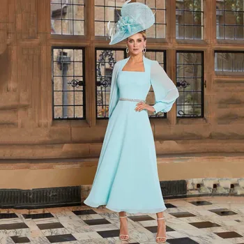 Elegant Blue Mother Of The Bride Dresses Chiffon Rhinestone Long Sleeves For Wedding Short Tea-Length Party Prom Mom Gowns