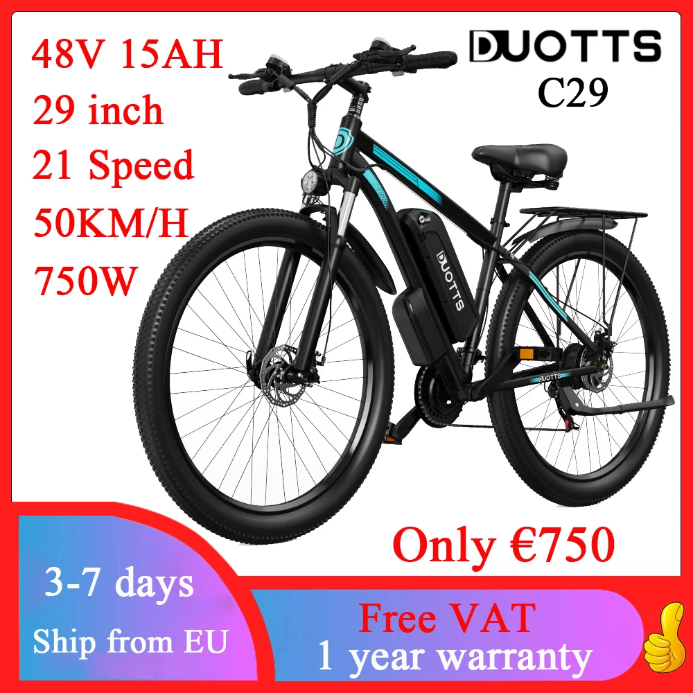 

DUOTTS-Electric Mountain Bike, MTB, 48V, 15AH, 750W, 50km Max Range, 100km, 29 Inch, EMTB