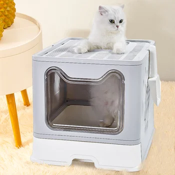 Foldable Cat Litter Box Top Entry Enclosed Anti-Splashing Cat Toilet with Scoop Cleaning Brush 1
