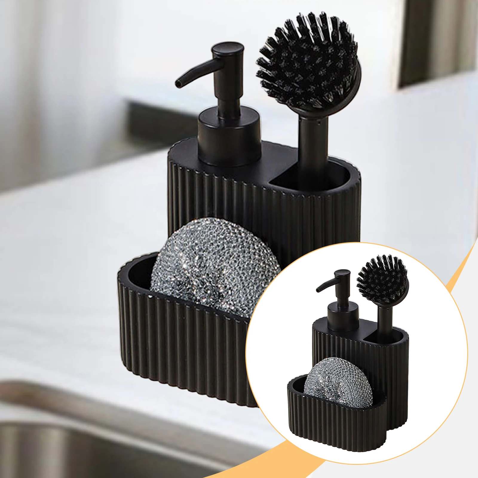 เครื่องจ่ายสบู่ 3 in 1 แบบพกพา อเนกประสงค์ สำหรับวางบนเคาน์เตอร์ อุปกรณ์จัดระเบียบ - ประหยัดพื้นที่ ของใช้จำเป็นในห้องครัวและห้องน้ำ 1