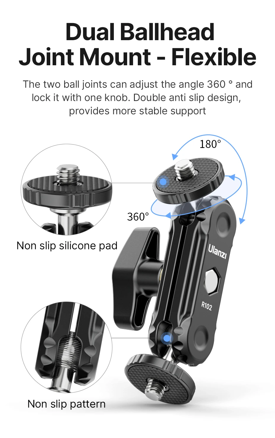 R098 Double Ball Heads Magic Arm with Cold Shoe Mount 1/4'' Screw for DSLR Came