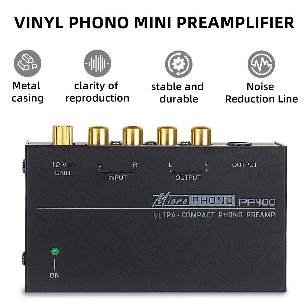PP400 Ultra Compact LP Turntable Phono Preamp Low Noise with Metal Shell Portable Audiophile Amplifier