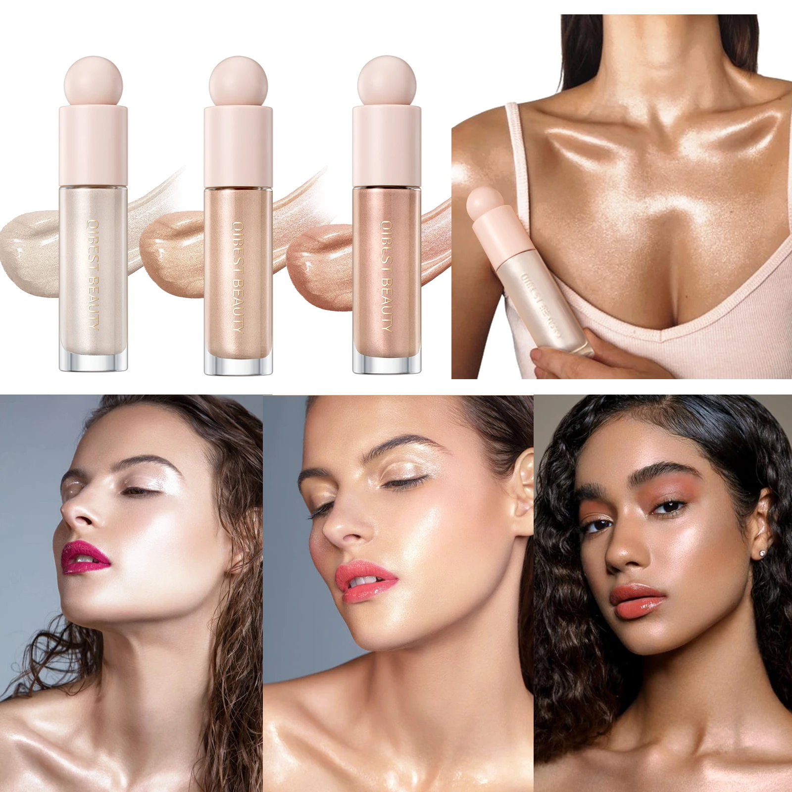 

QIBEST Glow Liquid Highlighting Stick Brightening Body High Gloss Liquid Blusher Face Rouge Cheek Blush Cream Lasting Makeup