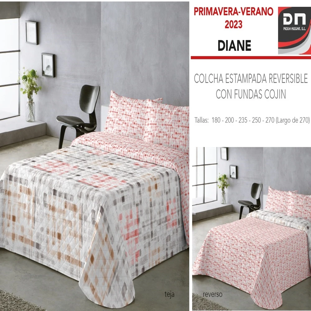 Colcha estampada reversible Diane Gris cama 90 cm - 180x270 cm