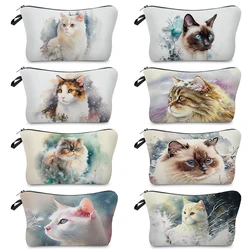 Cute Animal Cat Printed Women's Makeup Bag, Outdoor Casual Ladies Mini Cosmetic Bag, Perfect Organizer Bag For Daily Use