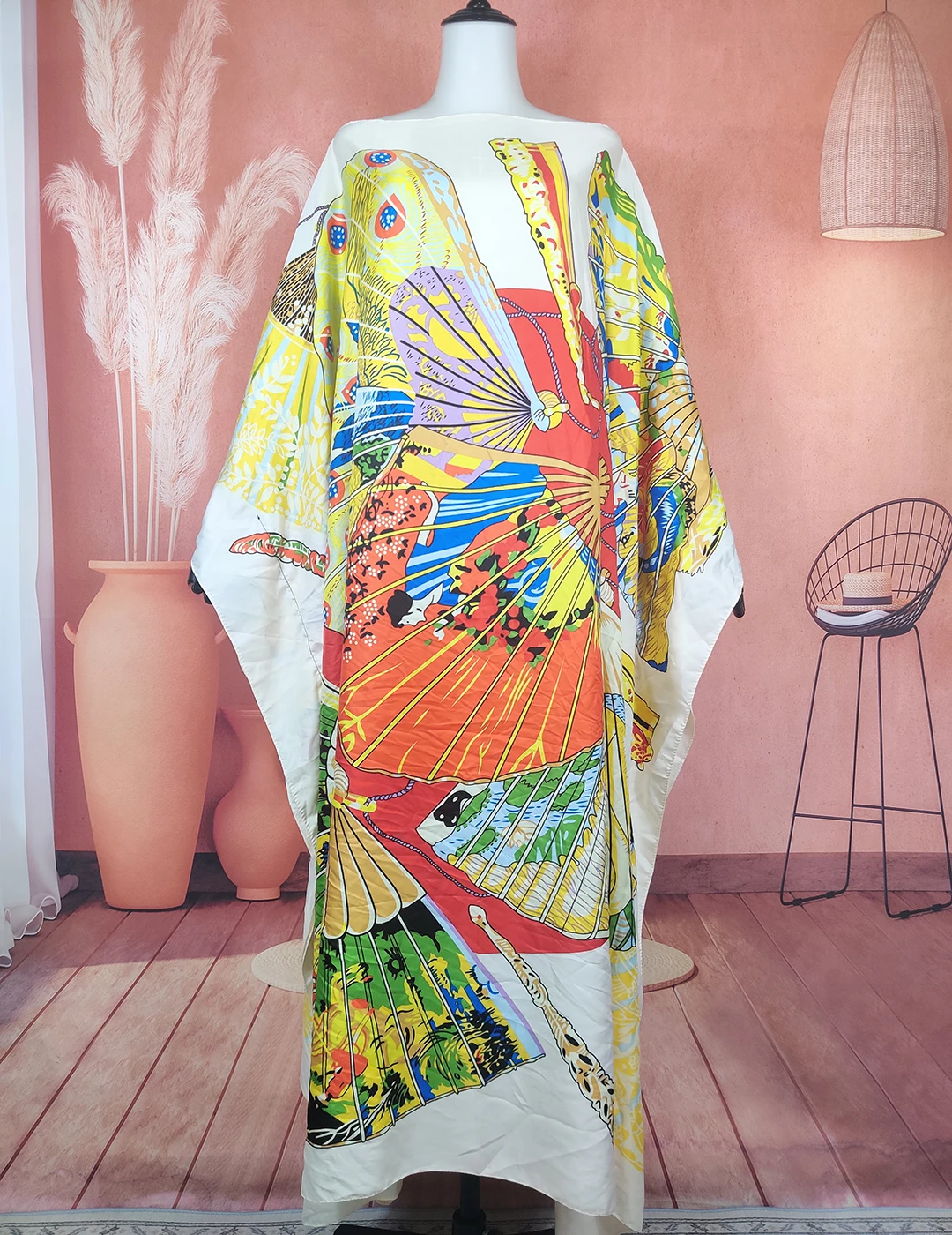 

Kuwait Popular 2022 Summer Bohemian Loose Printed Silk Kaftan Long Dress Oversize African Fashion Abaya Muslim Lady Boubou