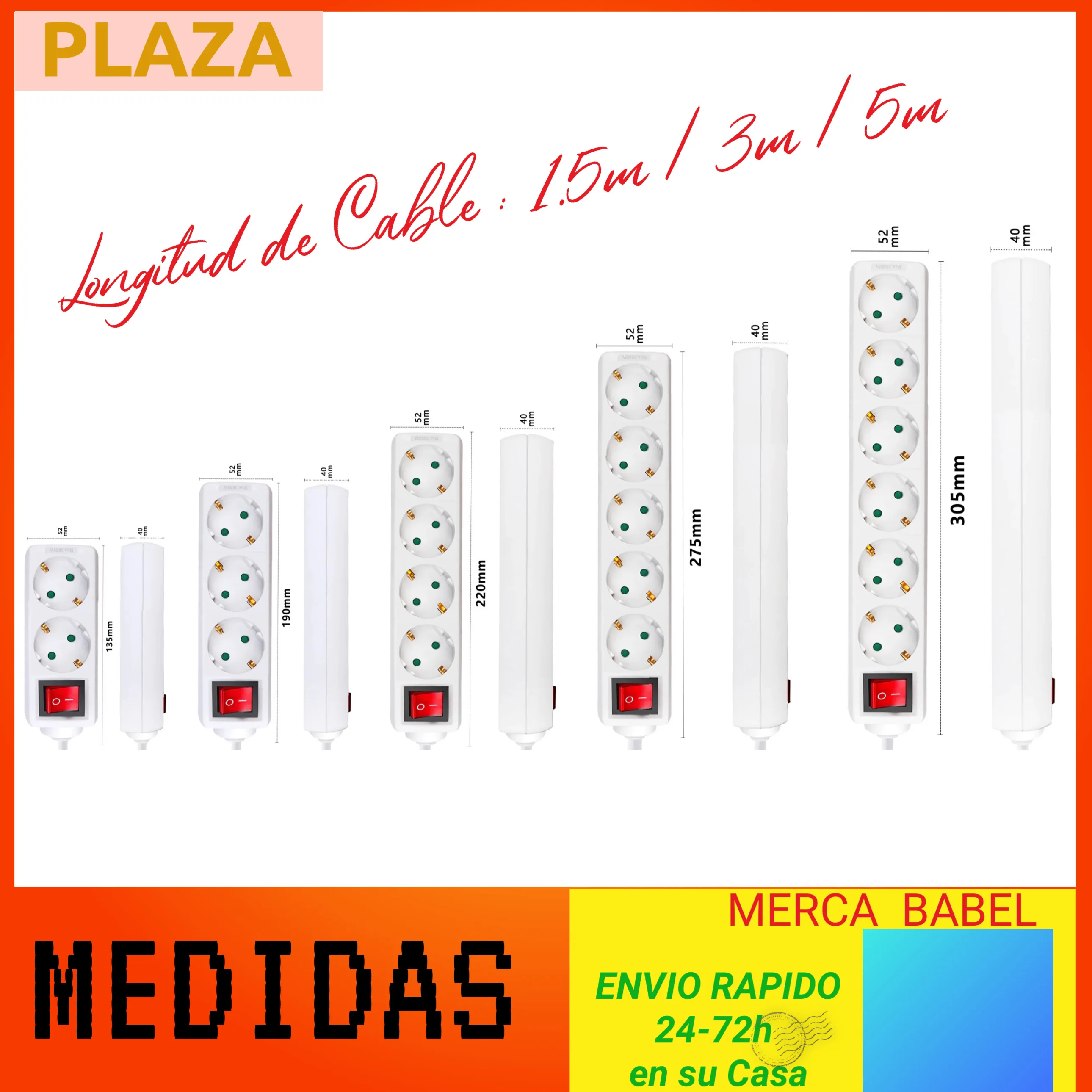 Alargador de enchufe plano - Blanco - 5 m