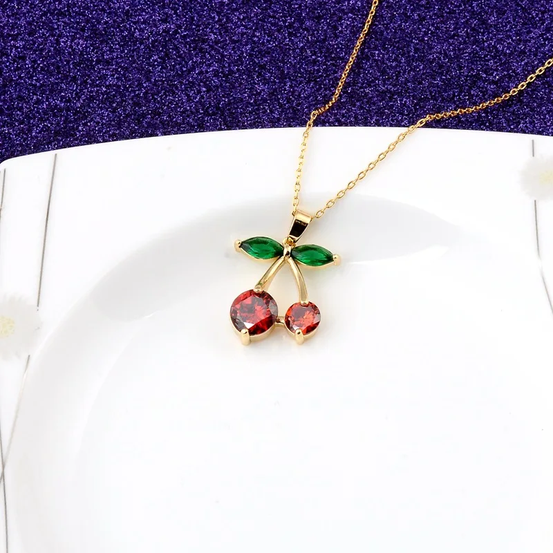 Cherry Pendant Necklace With Red Zircon And Elegant Korean Style_voghion.com