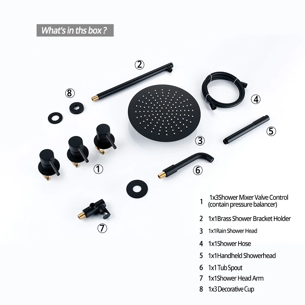 Matte Black Shower System Bathroom Bathtub Faucet Mixer Tap Wall Mount Tub Spout Rotate  8/10/12 Inch Rainfall HeadShower 6