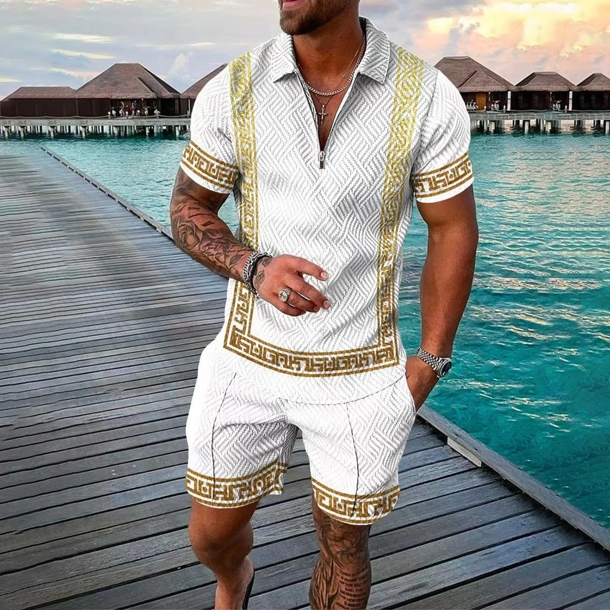 Newest Summer Casual Tracksuit Zipper Polo Shirt 2 Piece Sets for Men Business Suit Printed Outfits Men Oversized Clothing