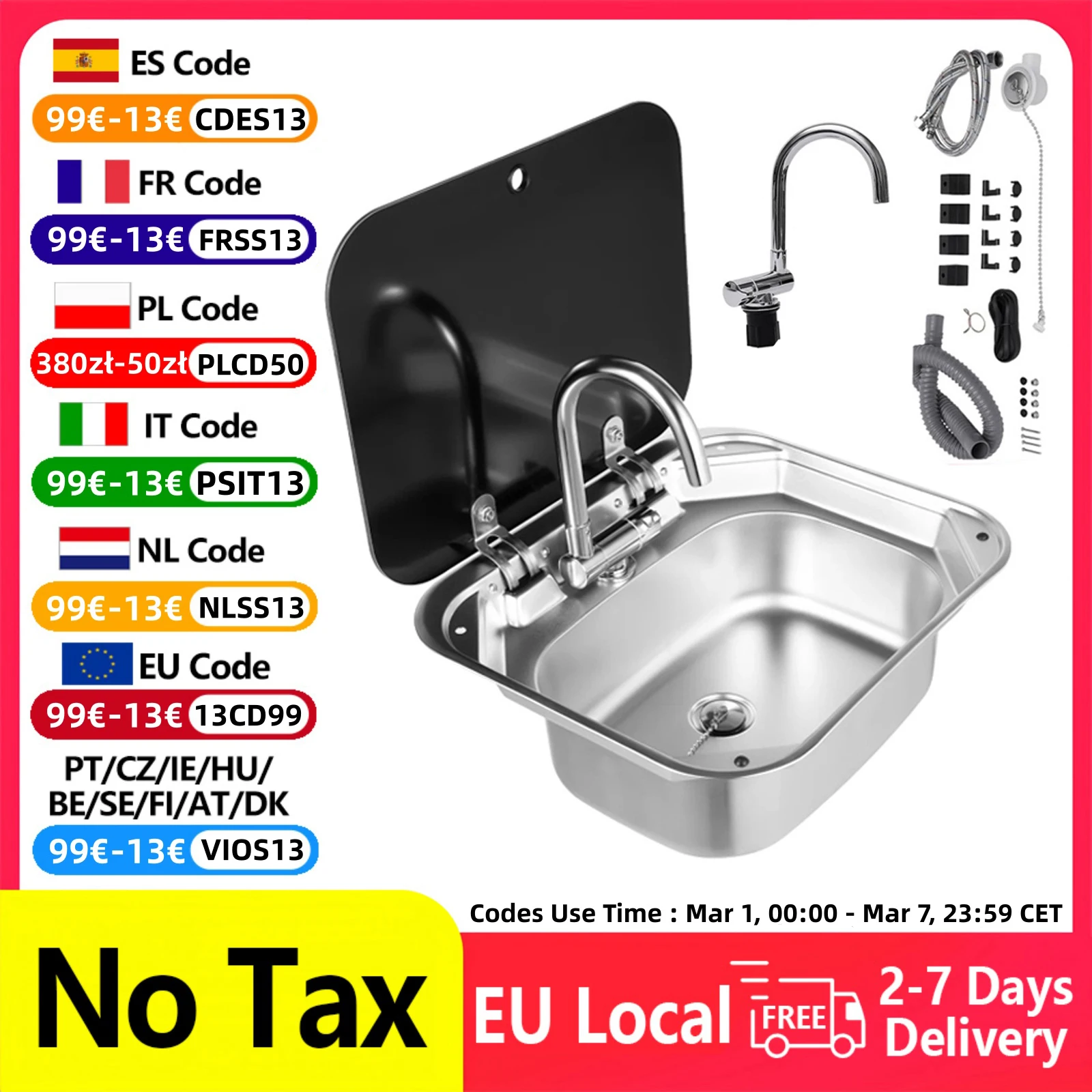 Évier de lavabo à main en acier pour camping-car, avec robinet de régulation de chaleur et de froid, robinet plié, couvercle en verre trempé, accessoires de camping-car