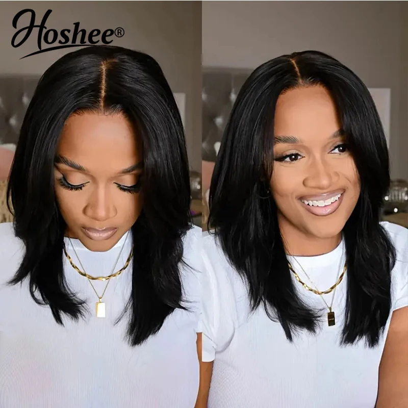 

Glueless With Curtain Bangs Wear And Go Natural Straight Black Colored Brazilian Human Hair Frontal Wigs 4X4 HD Lace Closure Wig