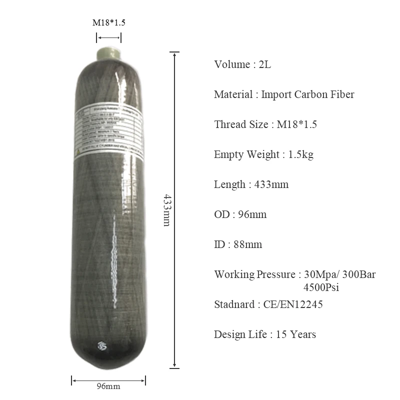 ACECARE Cylinder z włókna węglowego HPA 2L 300Bar 30Mpa 4500Psi Rebreather do nurkowania do nurkowania M18 * 1.5 stacja napełniania zaworów