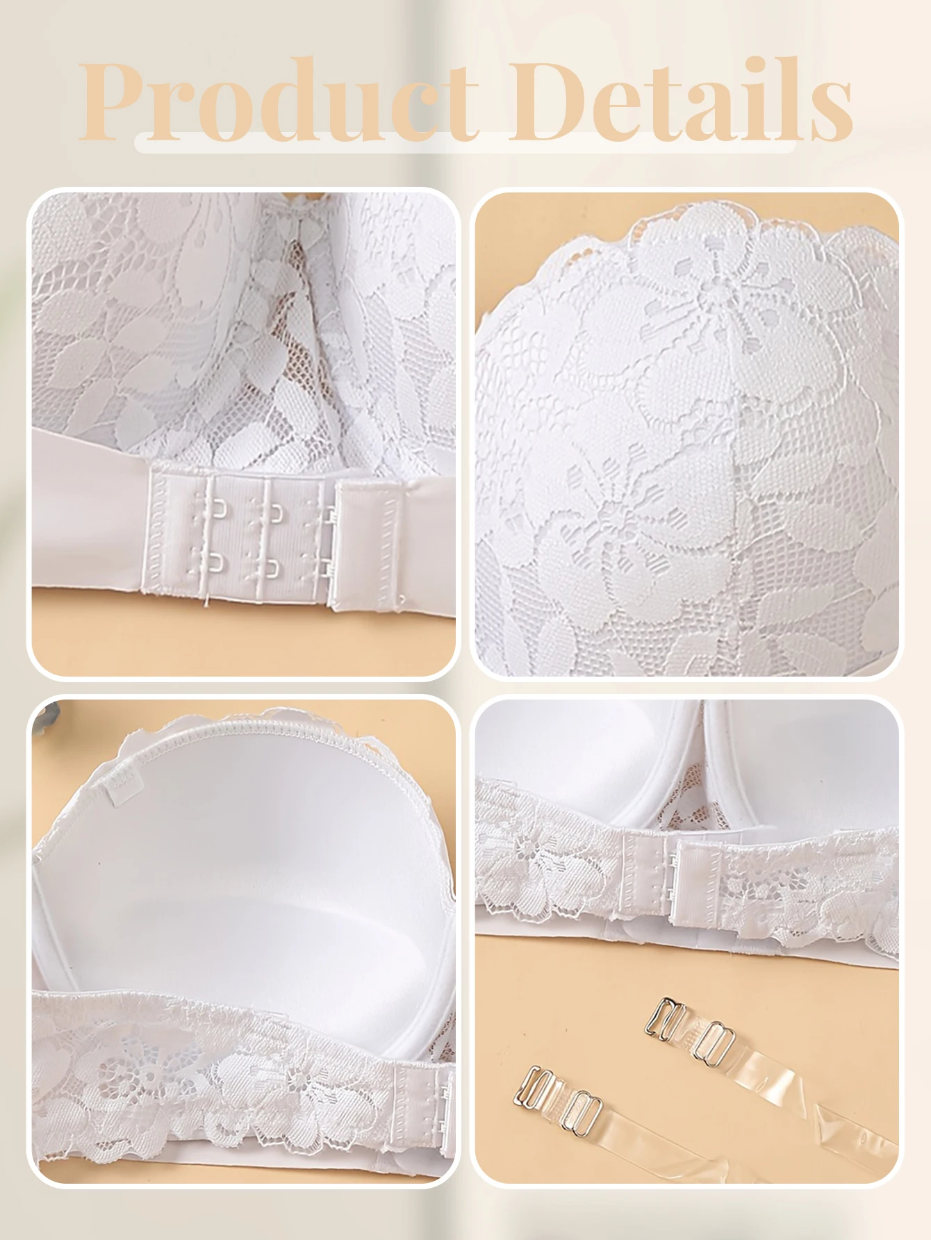 Women's strapless bandeau sexy lace bra front buckle bra with underwire push-up support breast non-removable padded bra 6