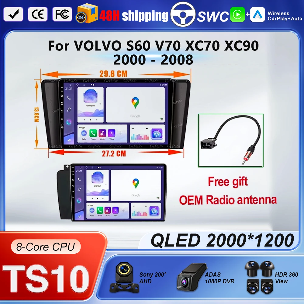 Pantalla de Navegación Android 16 de 9 Pulgadas para VOLVO S60 V70 XC70 XC90 2000-2008, Android Auto Inalámbrico, Carplay, 2k, Procesador de 8 Núcleos 1