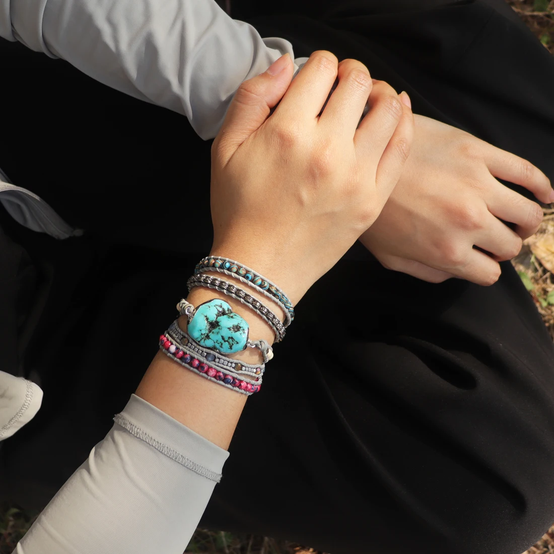 5X Leather Wrap Bracelet W/ Natural Stones Chain Beaded Strand Bracelet Boho Jewelry Dropshipping Wholesale