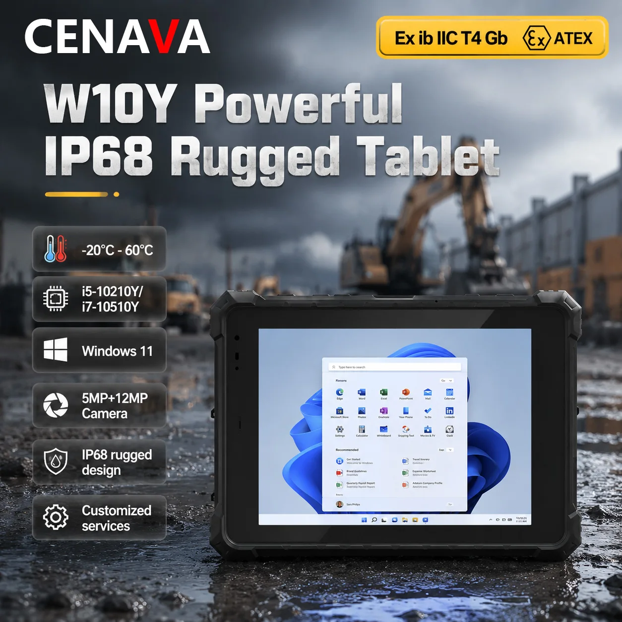 CENAVA W10Y 산업용 러기드 태블릿 10.1인치 인텔 i5-10210Y/i7-10510Y 윈도우 11 WiFi BT 커스텀 4G/5G 2D 스캐너 ID/UHF/NFC
