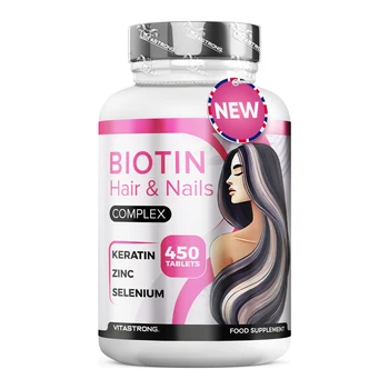Biotina Capelli Vitastrong 450 Compresse Alto Dosaggio (15 Mesi) Biotina Complex Premium con Cheratina per Capelli, Selenio, Zinco, Rame, Bamboo, Vitamine per Capelli e Unghie, Integratori per Capelli