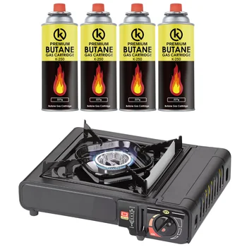 KROWN - Cocina Portátil a Gas + 4 Cartuchos, Quemador de Gas Para Acampar, Estufa, Portátil, Ideal Para Cocinar al Aire Libre, Picnics y Camping , Embarcaciones Funciona con Cartucho de Gas Butano k-250, Encendido Piezoeléctrico