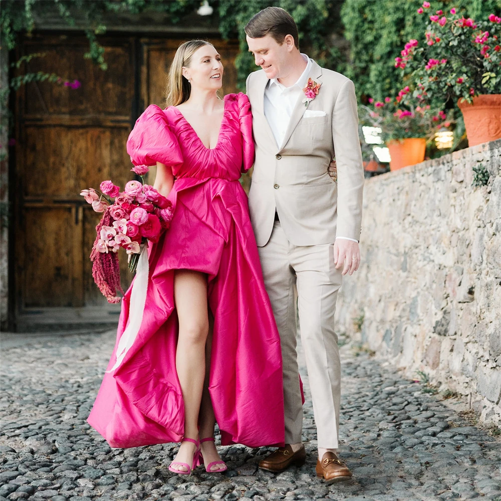 

20103# Stunning Fuchsia Puffy Sleeves Taffeta Wedding Dress For Bride High Low V-neck Bridal Gown Vestido De Novia