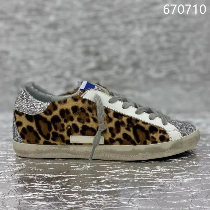 Classical GOLDEN Shoes Designer Women's GOOSE Sneakers Silver Glitter Leopard Pony Hair Suede Leather Style Shoe 4