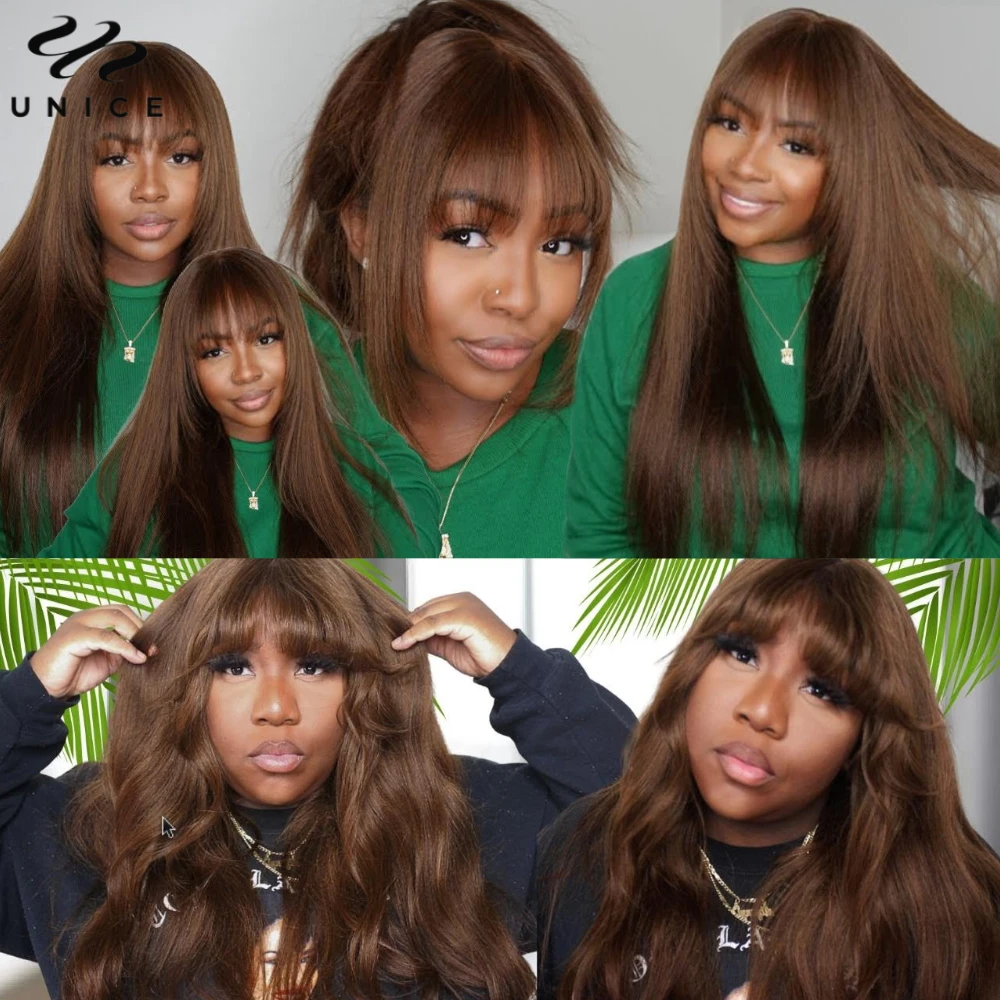 UNICE #4 Brown Color Yaki Straight Lace Wig With Bangs