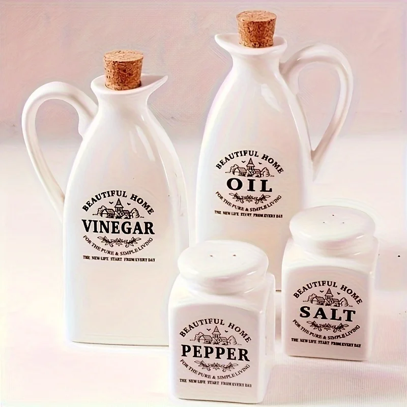 4pcs/set Japanese-Style Pure White Ceramic Oil Pot Salt Seasoning Jar Seasoning Bottle For BBQ Camping Picnic, Kitchen Supplies