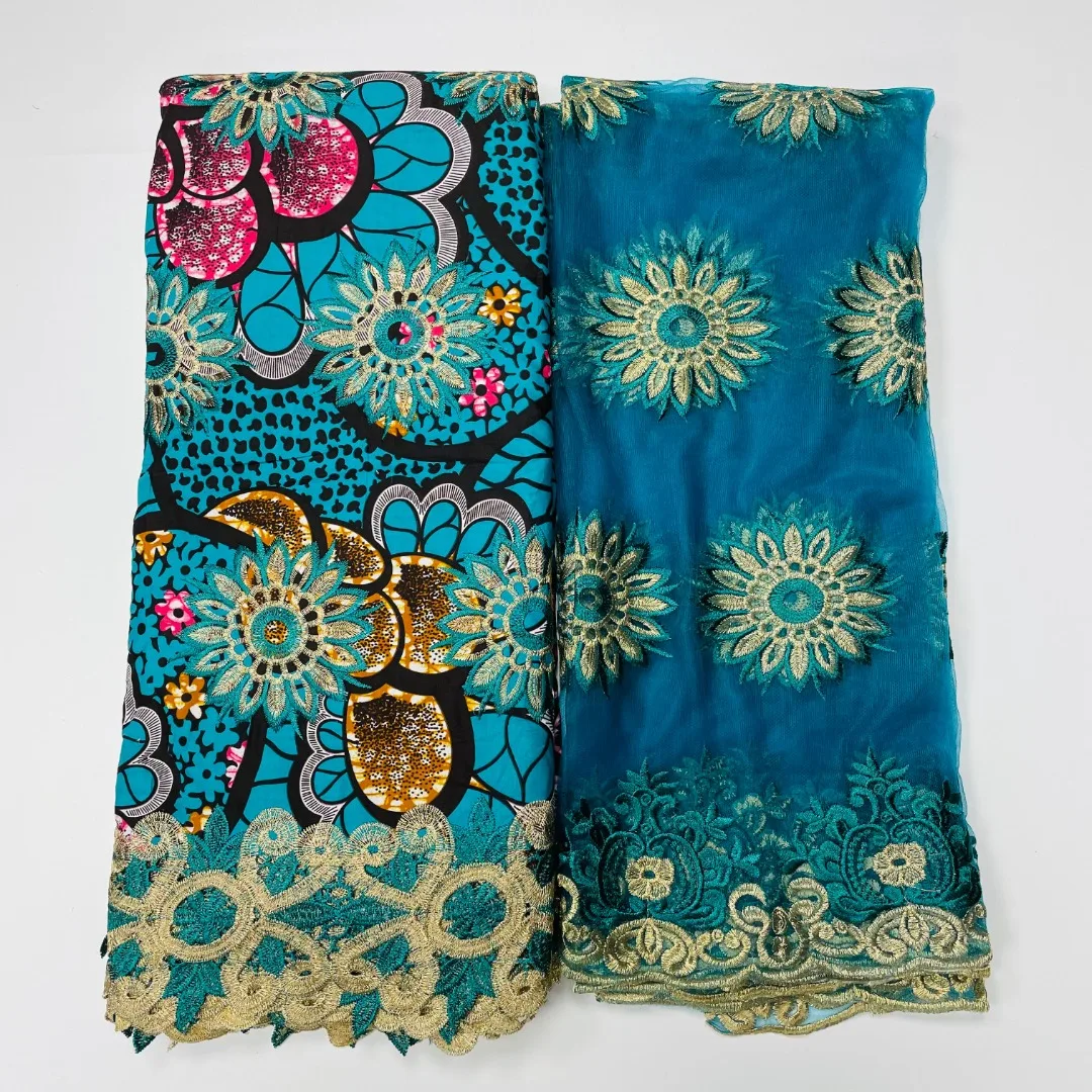 

2023 New African Ankara Wax High Quality Embroidery French Broder Lace Fabrics Textiles With scarfs 6+2Yards For Sewing Dress