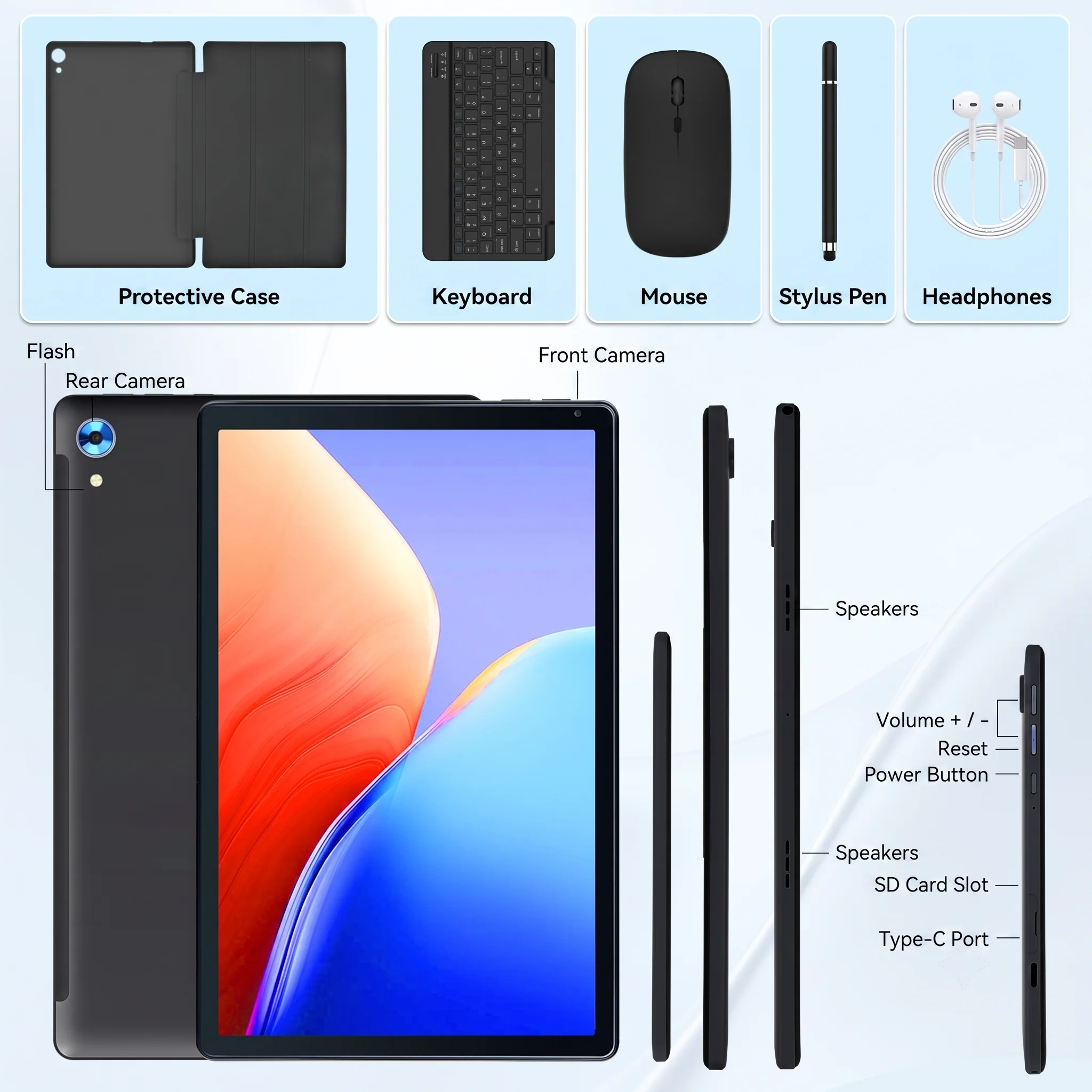 X108 10.1 Inch Android16 Tablet PC Octa‑Core A537 30GB(6+24GB Virtual) 128GB ROM Built‑in Gemini AI Agent Widevine L1 3D Face Unlock Tablet Complete Bundle With Keyboard Mouse Case Stylus Pen Headphones Charger`