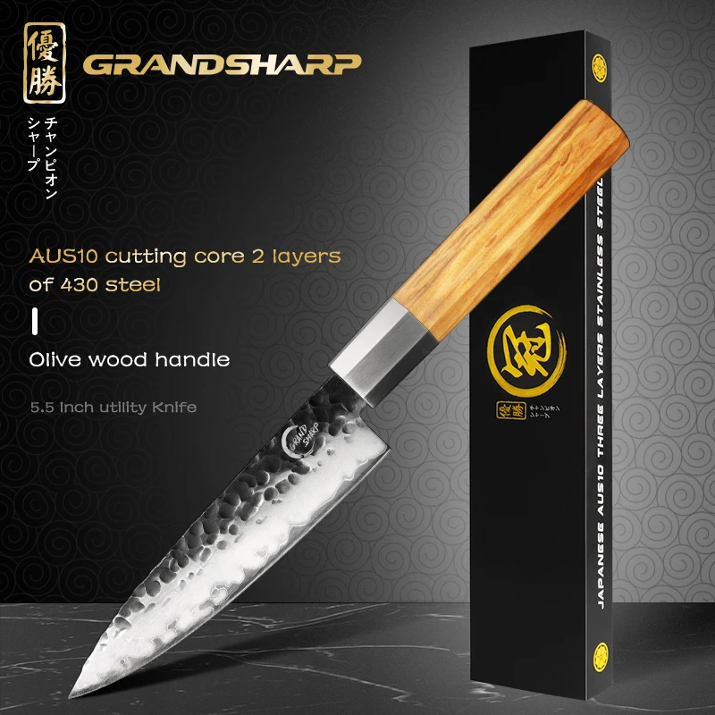 

Grandsharp Chef Kitchen Knives Utility Knife 5.5 Inch Japanese AUS10 Steel Hammered Finish Hand Forged Blade Olive Wood Handle