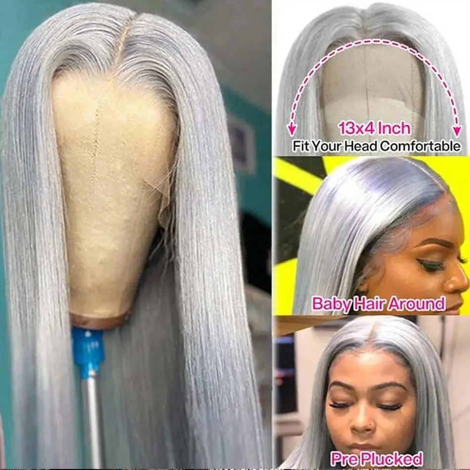 Silver Grey Straight Lace Front Wig 100% Human Hair 613 Colored HD Transparent Lace Frontal Wigs for Women Bleached Pre Plucked - Image 4
