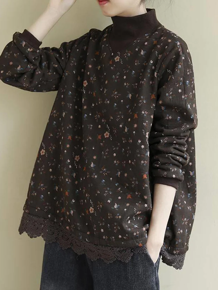 

Ethnic Style Women's Autumn And Winter New Lace Stitching Retro Turtleneck Plus Velvet Thick Sweatshirt Pullovers Bottoming Top