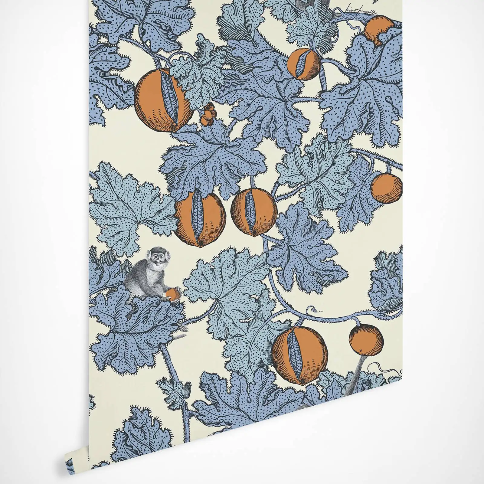 Monkeys and fruit Wall Paper, Frutto Proibito Blue and Orange  Wallpape, Scandinavian design, removable Wallpaper