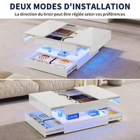 Table basse haute brillance avec LED, table de salon rectangulaire moderne avec 2 tiroirs, table à café avec rangement, coffee table pour salonn, chambre à coucher, blanc/noir 3